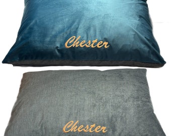 Large Personalised Embroidered Pet Dog Cushion Bed - Removable Cover - Blue Teal or Grey Reversible
