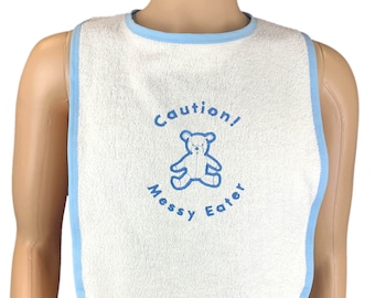 Caution! Messy Eater Adult Teddy Bib - Adult Sized White Towelling Bib Extra Large In Choice of Bib Edge Colour And Thread Colour