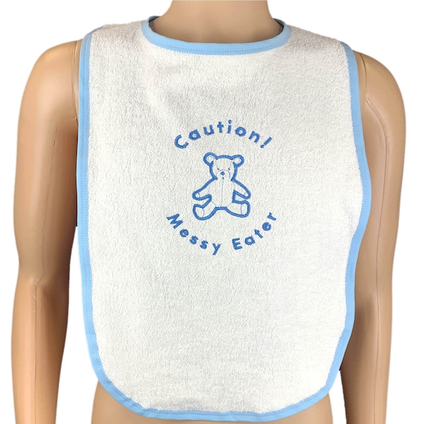 Caution! Messy Eater Adult Teddy Bib - Adult Sized White Towelling Bib Extra Large In Choice of Bib Edge Colour And Thread Colour