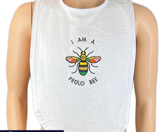 Adult Sized Personalised White Towelling Bib ABDL Extra Large with ** White Edging ** with Manchester Bee Pride emblem