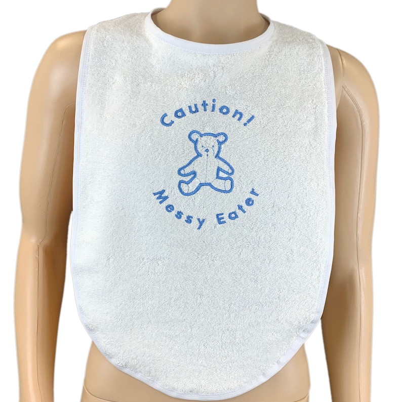 Caution Messy Eater Adult Teddy Bib Adult Sized White Towelling Bib Extra Large In Choice of Bib Edge Colour And Thread Colour White