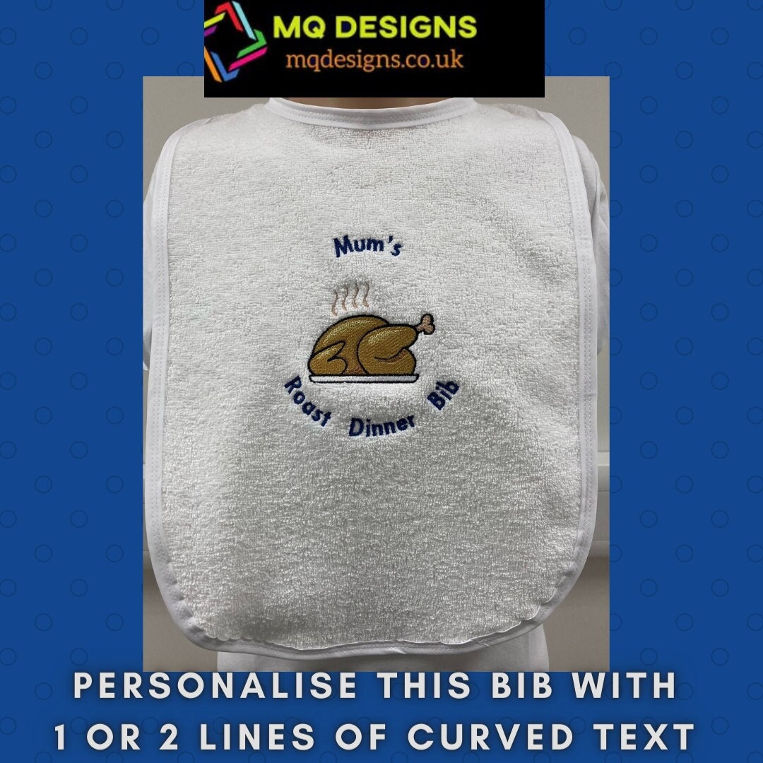Adult Sized Personalised White Towelling Bib ABDL Extra Large with ** White Edging ** with Turkey Dinner emblem