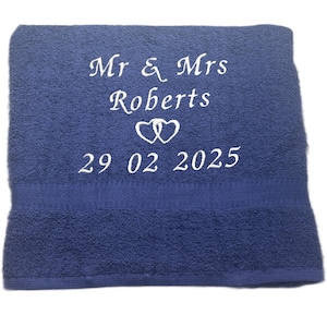 Personalised Mr & Mrs heart motif wedding or anniversary towel embroidered with your choice of name and date Hand or Bath sizes