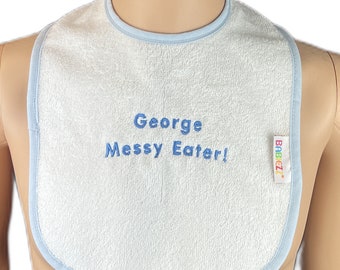 Personalised Baby Bib White Cotton with ** Baby Blue  Edging** customised with  your Text