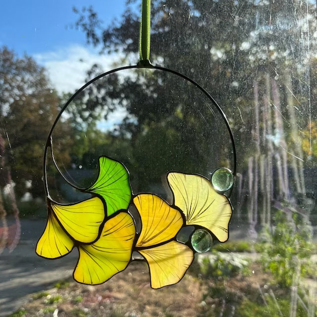 Stained Glass Ginkgo Biloba Suncatcher Leaves Branch Window Etsy