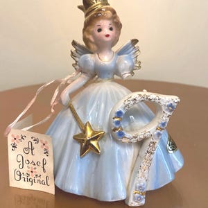 Vintage Josef Originals 9th Birthday Girl Figurine – Blue Dress, Gold Crown & Wand – Original Tag – Read Description