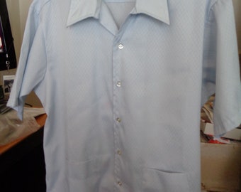 50's-60's DELVECCHIO Dead Stock Blue Textured SHIRT JAC/Cabana! Camp Collar L