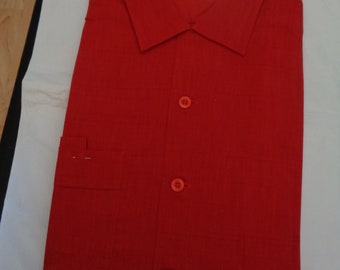 New 50's-60's ASHFIELD CALIFORNIA Dead Stock Red Flecked Rayon/Flax Long Sleeves + Pocket Square! Loop Collar Casual/Dress Large