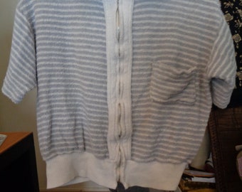 40's-50's BERWYCK Dead Stock Gray & White Stripes TERRYCLOTH Beach Shirt! WALDES Zipper! Medium