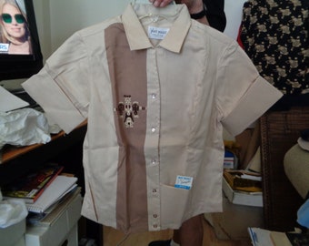 New 50's NAT NAST Dead Stock "Swingster" Taupe & Khaki TIKI 100% Rayon Shirt Jac Bowling/Cabana Shirt! 38 Women Unisex Men