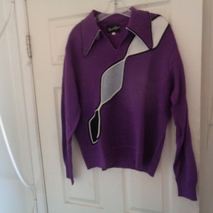 New CAMPUS 50's-60's "Mario Ricci" Dead Stock Purple White Gray Black V-Neck 100% Wool Pullover Large