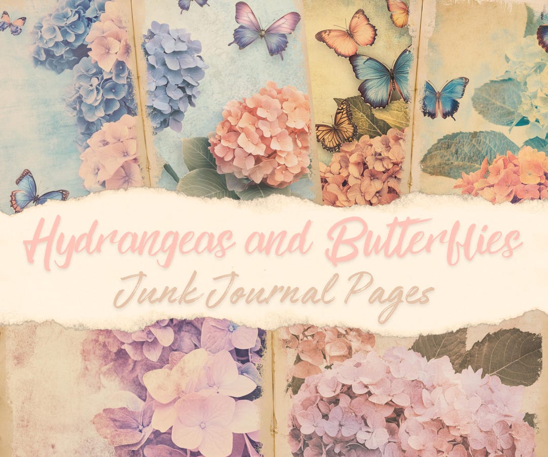 Vintage Hydrangeas and Butterflies Junk Journal Digital Paper Flowers ...