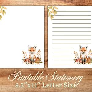 Set di carta da lettere Fox and Mushrooms stampabile digitale scaricabile - a righe e non - 8,5"x11" - formato lettera - carta da lettere