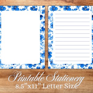 Blue Flowers Stationery Paper Set Printable Digital Downlaod - Lined and Unlined - 8.5”x11” - Letter Size - Writing Paper