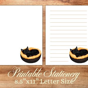 Black Cat Sleeping Stationery Paper Set Printable Digital Downlaod - Lined and Unlined - 8.5”x11” - Letter Size - Writing Paper