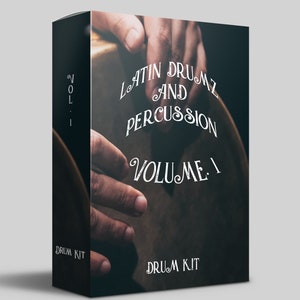 May include: A close-up of a hand playing a brown drum. The text "LATIN DRUMZ AND PERCUSSION VOLUME 1 DRUM KIT" is printed on the black background.