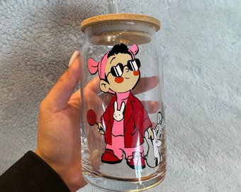 Bad Bunny Valentine Glass Tumbler | 16oz Reusable Can with Bamboo Lid & Straw