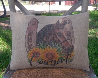 Cowgirl Burlap Pillow, Farmhouse Pillows, Sunflower Horseshoe,  Rodeo Decor, Insert Included