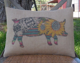 Sunflower Pig Burlap Pillow, Pig Pillow, Farmhouse pillows, Insert included