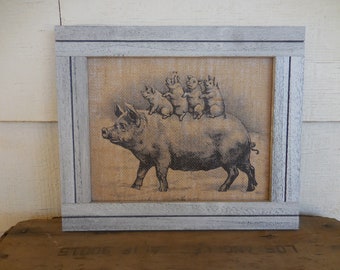 Piglets Framed Burlap Print, Farmhouse Pig Print, Modern Farmhouse Wall Art, Pig Wall Art