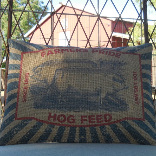 Feed sack label hog Burlap Pillow, Stock Show Decor, Pig Pillow, Farmhouse pillows, Insert included