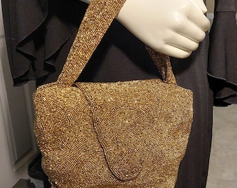 Vintage 50’s/60’s Gold Glass Seed-Beaded Belgium-Made Purse w/handles