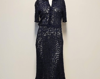 Vintage 40’s/50’s Midnight Blue Ribbon-Knit Midi Button-Bodice, Collared Dress Size: 8/10