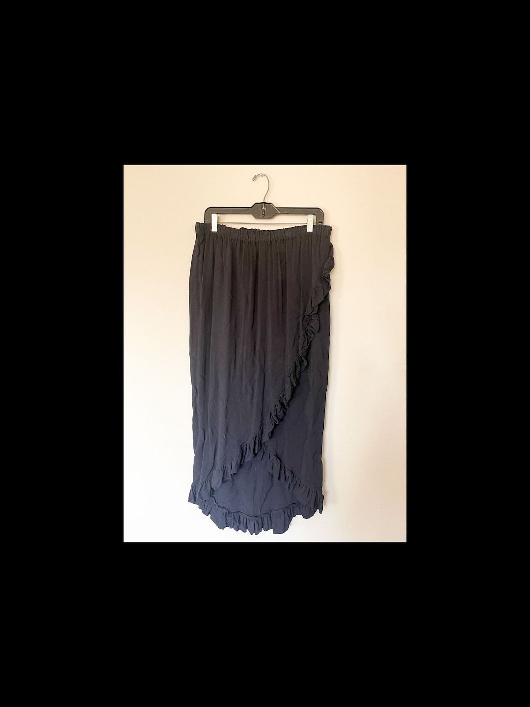 Vintage Ercoli Shirt : Vintage 90s Ercoli, Black, Faux-wrap Tulip, Ruffled Edge Skirt