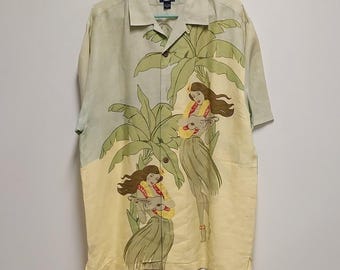 Vintage 90’s Tommy Bahama Mint Green Linen S/S Camp Shirt w/Hulu Girls