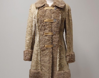 Vintage 1970’s “Penny Lane” Tan/Cream Faux Fur Coat with Leather Toggle Closures