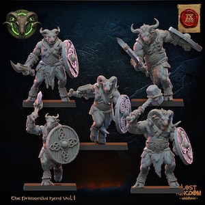 May include: A set of five grey resin miniature figures depicting anthropomorphic ram-like warriors. Each figure features horns, muscular builds, and armor with intricate knotwork patterns. They are equipped with round shields and various weapons.