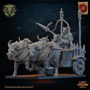 May include: A detailed miniature model of a chariot pulled by two horned beasts. The chariot features a driver and is adorned with intricate designs. The model is labeled "The Primordial herd Vol. 1" and is compatible with "IX Age 9th Age".