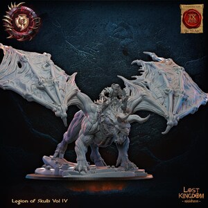 May include: A light grey miniature of a fantasy beast with large, skeletal wings and a rider. The model is highly detailed and stands on a small base. The text "Legion of Skulls Vol IV" is visible.
