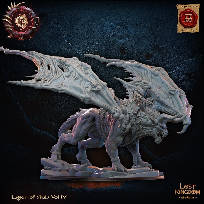 May include: A detailed miniature of a skeletal dragon with large, textured wings. The creature has horns and is posed on a rocky base. The text "Legion of Skulls Vol IV" and "Lost Kingdom miniatures" are visible.