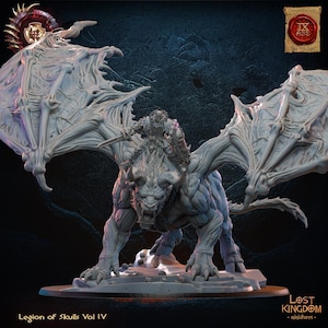 May include: A detailed miniature of a skeletal warrior riding a winged beast. The creature has large, bone-like wings and a menacing expression. The base reads "Legion of Skulls Vol IV" and "Lost Kingdom miniatures".