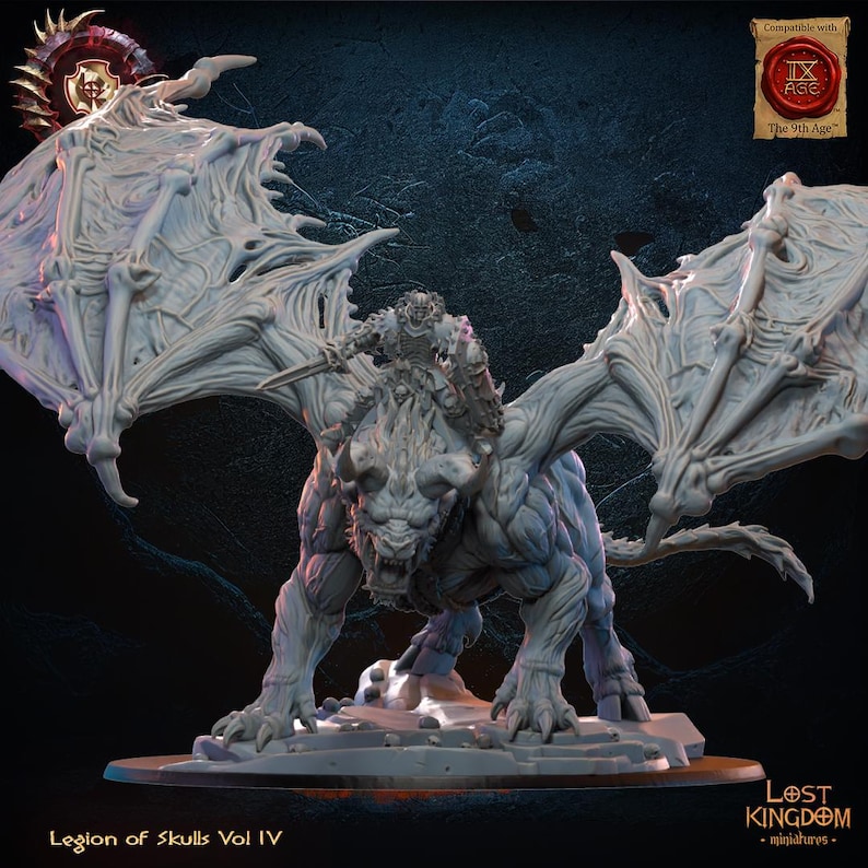 May include: A detailed miniature of a skeletal warrior riding a winged beast. The creature has large, bone-like wings and a menacing expression. The base reads "Legion of Skulls Vol IV" and "Lost Kingdom miniatures".