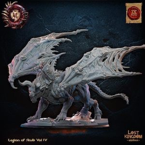 May include: A grey miniature figure of a winged beast with a skeletal design. The model has horns, a tail, and is mounted on a base. The wings are large and detailed. The text "Legion of Skulls Vol IV" is visible.