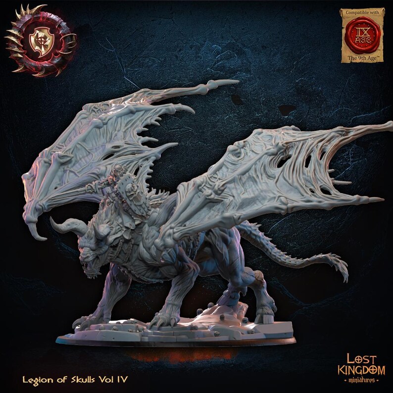 May include: A grey miniature figure of a winged beast with a skeletal design. The model has horns, a tail, and is mounted on a base. The wings are large and detailed. The text "Legion of Skulls Vol IV" is visible.