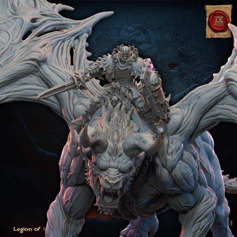 May include: A detailed, grey miniature of a skeletal warrior riding a monstrous beast with large horns and wings. The warrior holds a sword and shield. The image has the text "Compatible with IX AGE The 9th Age" in the upper right corner.