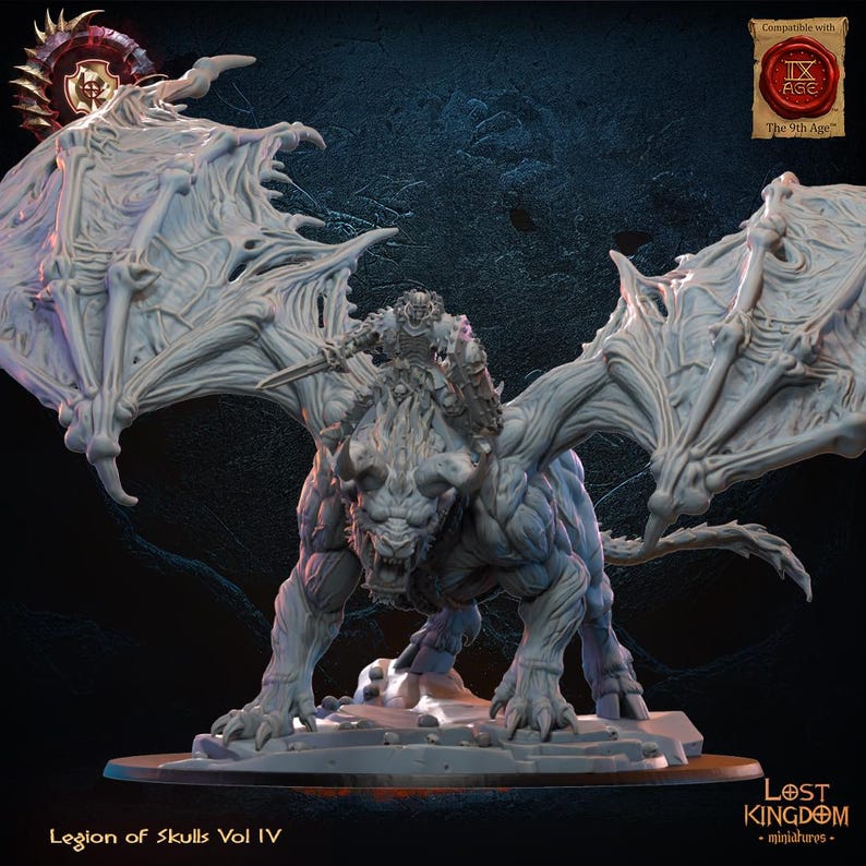 Gaserische Skull King On Chimera Chaos | 3D-geprint harsminiatuur | Fantasy Chaos-proxy | 28 mm 32 mm tafelblad Wargame | Verloren Koninkrijk afbeelding 1