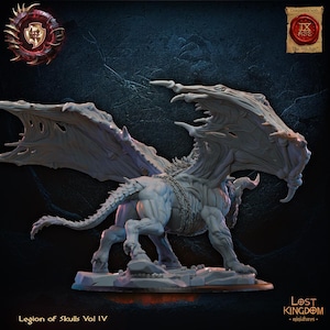 May include: An unpainted miniature of a winged creature with a skeletal design. The figure has a dragon-like head, large wings, and a muscular body. The base reads "Legion of Skulls Vol IV" and "Lost Kingdom miniatures".
