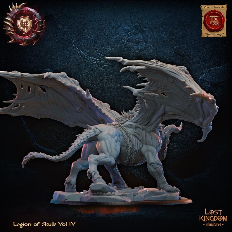 May include: An unpainted miniature of a winged creature with a skeletal design. The figure has a dragon-like head, large wings, and a muscular body. The base reads "Legion of Skulls Vol IV" and "Lost Kingdom miniatures".