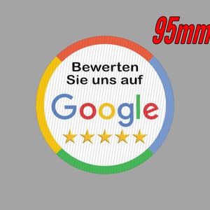 Könnte beinhalten: Ein runder Aufkleber mit weißem Hintergrund und rotem, gelbem, blauem und grünem Rand. Der Aufkleber lautet "Bewertern Sie uns auf Google" und hat fünf goldene Sterne.