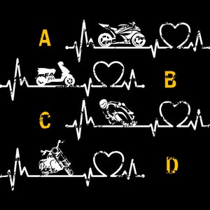 Könnte beinhalten: Ein weißes Grafikdesign mit vier verschiedenen Motorradsilhouetten mit einem Herzen und einer Herzschlaglinie. Die Buchstaben A, B, C und D sind in Gelb neben jedem Motorrad.