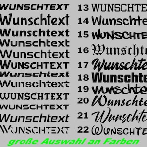 Peut inclure: Une feuille de lettrage en vinyle noir avec 22 styles différents du mot "Wunschtext" dans différentes polices et tailles. Le texte est numéroté de 1 à 22. Le texte est sur un fond gris. Le texte en bas de la feuille est "große Auswahl an Farben".