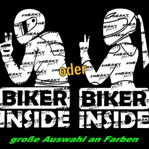 Peut inclure: Silhouette noire et blanche d'un motard et d'une motarde portant des casques avec le texte "FREAKY PLOTT" répété sur leurs vêtements. Le texte "BIKER INSIDE" est sous chaque personnage. Le texte "oder" est entre les personnages. Le texte "große Auswahl an Farben" est en bas de l'image.