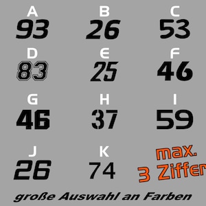 Könnte beinhalten: Ein Blatt mit schwarzen und weißen Zahlen auf grauem Hintergrund. Die Zahlen sind in verschiedenen Schriftarten und Größen. Der Text "max. 3 Ziffern" ist orange. Der Text "große Auswahl an Farben" ist schwarz.
