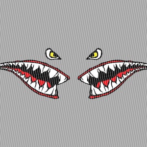 Könnte beinhalten: Ein Paar rote und weiße Hai-Zahn-Aufkleber mit gelben Augen. Die Aufkleber sind so gestaltet, dass sie wie ein Haimaul aussehen.