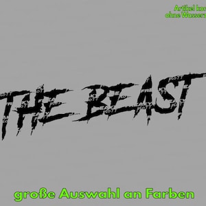 Peut inclure: Conception graphique en noir et blanc du mot "THE BEAST" avec le mot "FREAKY" répété dans toute la conception. Le texte "Artikel kommt ohne Wasserzeichen" et "große Auswahl an Farben" est également visible sur l'image.