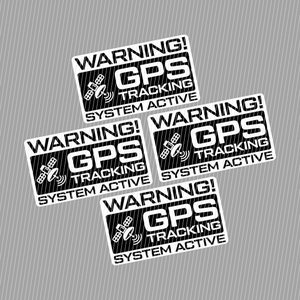 Könnte beinhalten: Vier schwarz-weiße Warnschilder mit dem Text "WARNING! GPS TRACKING SYSTEM ACTIVE".